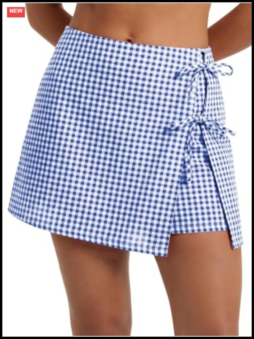 High Waisted Gingham Skort A-Line Wrap Mini Skirt with Shorts Side Tie Cotton